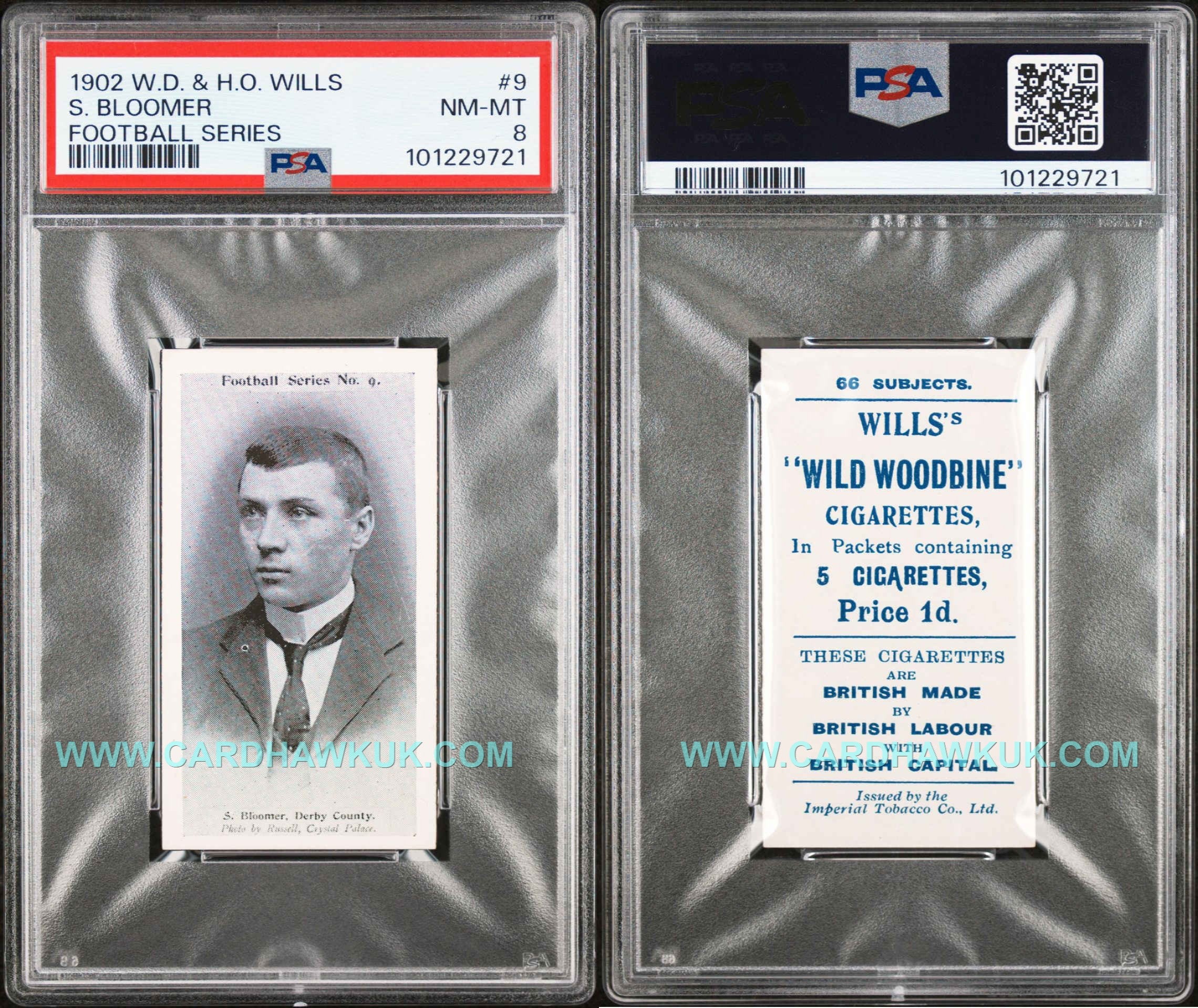1902 Wills Steve Bloomer, PSA 8—well-centred portrait front; reverse shows ‘Wild Woodbine’ advert back with crisp blue text.