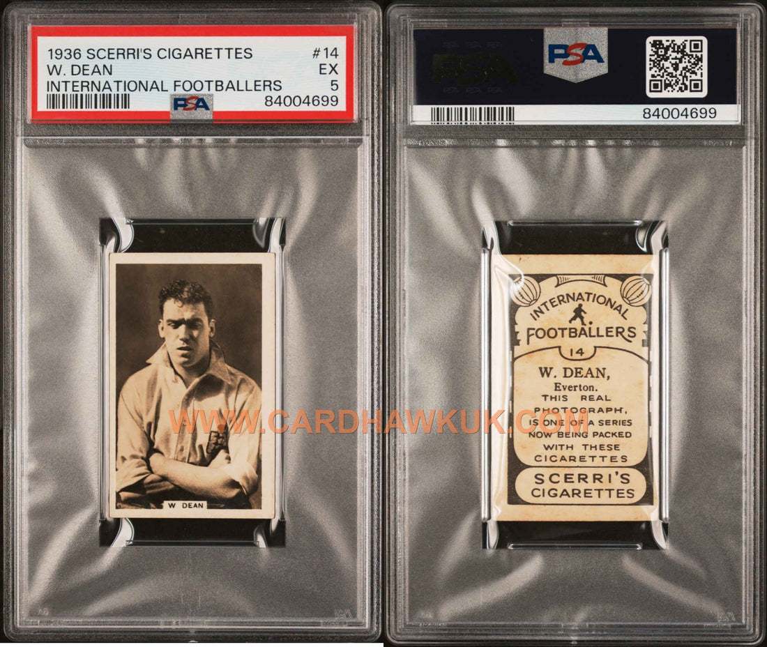 Front and back of 1936 Scerri’s Dixie Dean real-photo card, PSA 5; balanced borders, deep image density, honest EX edge wear, sepia-toned reverse.