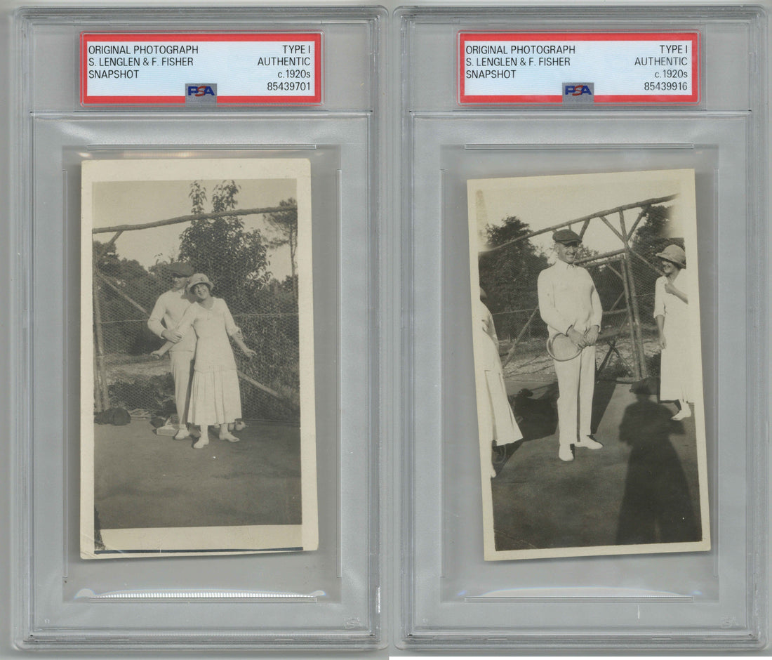 Pair of PSA/DNA Type I authenticated original snapshot photographs of Suzanne Lenglen and Frank Fisher c1920s showing both encapsulated photographs side by side certifications 85439701 and 85439916