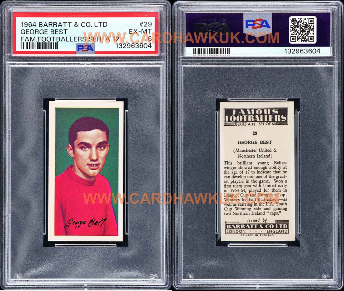 A PSA graded 1964 Barratt Famous Footballers A12 George Best Rookie Card in a PSA 6 EX MT slab showing the illustrated portrait front and printed biographical back.