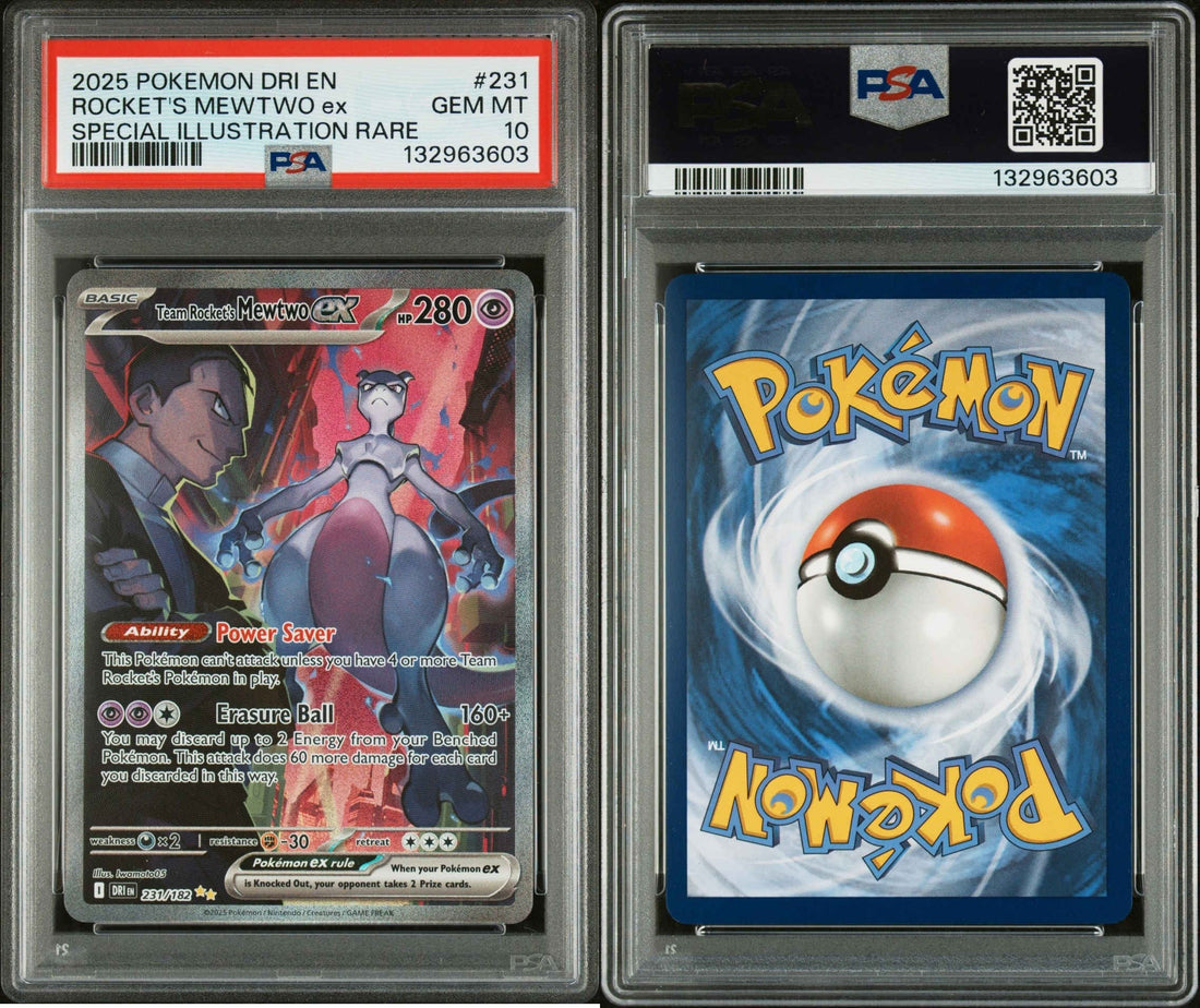 A PSA 10 graded 2025 Pokemon DRI Rockets Mewtwo ex Special Illustration Rare card in a PSA slab showing the full art front and standard Pokemon card back.