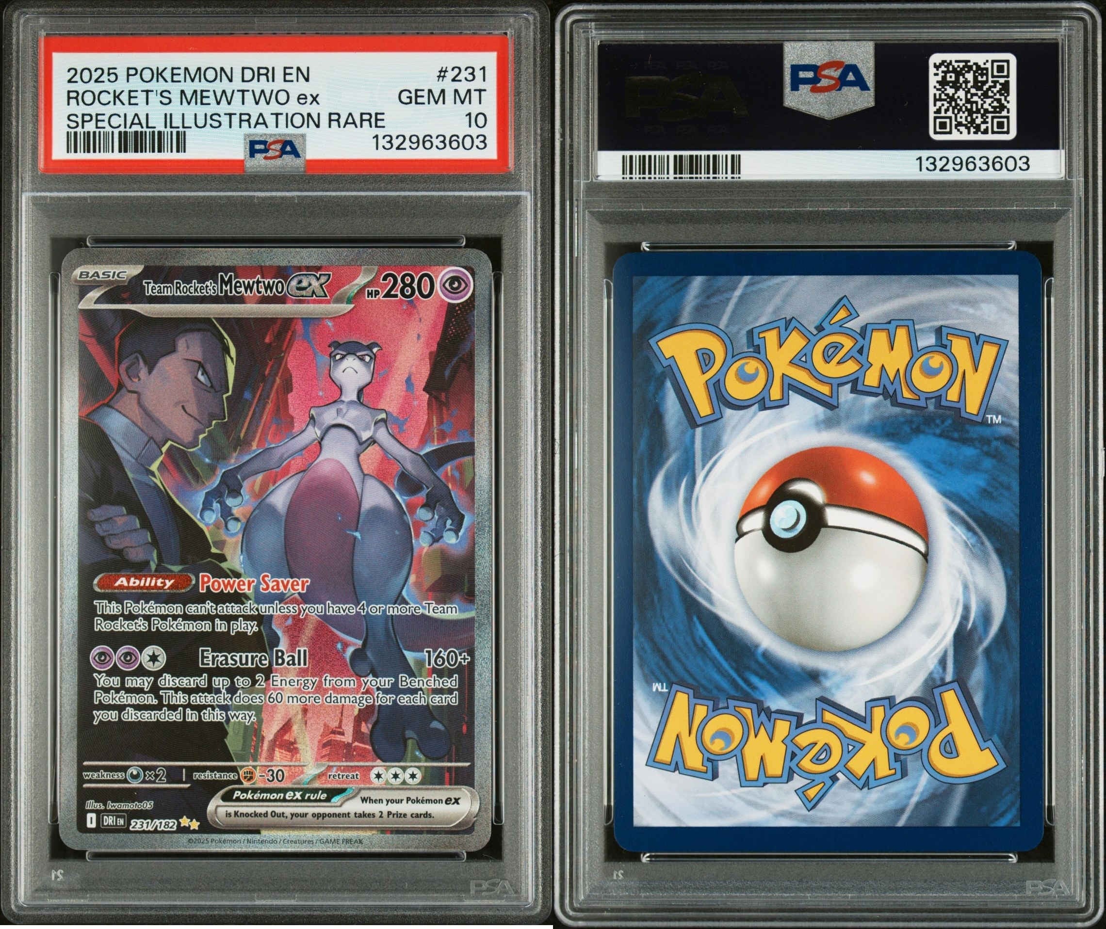 A PSA 10 graded 2025 Pokemon DRI Rockets Mewtwo ex Special Illustration Rare card in a PSA slab showing the full art front and standard Pokemon card back.