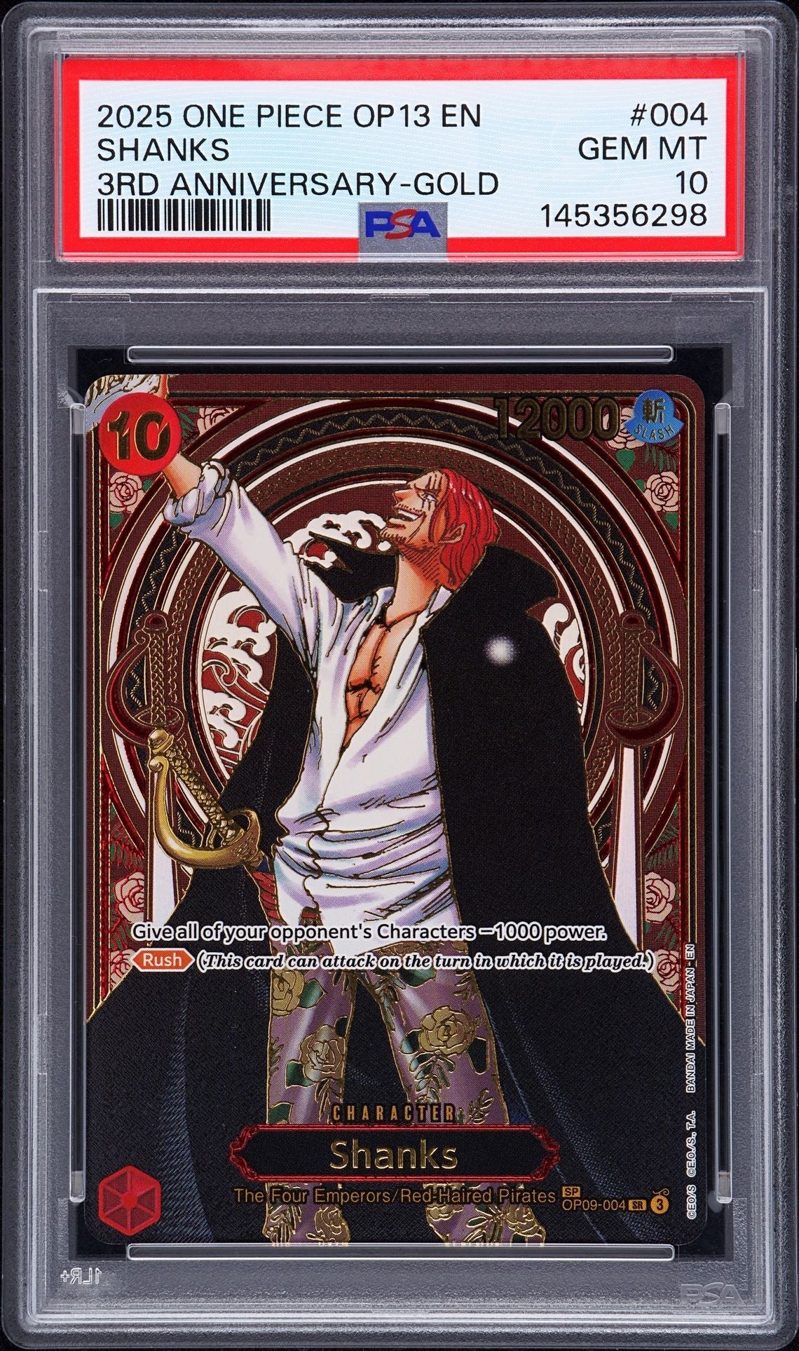 PSA 10 2025 One Piece OP13 EN Shanks OP09-004 3rd Anniversary Gold SP front